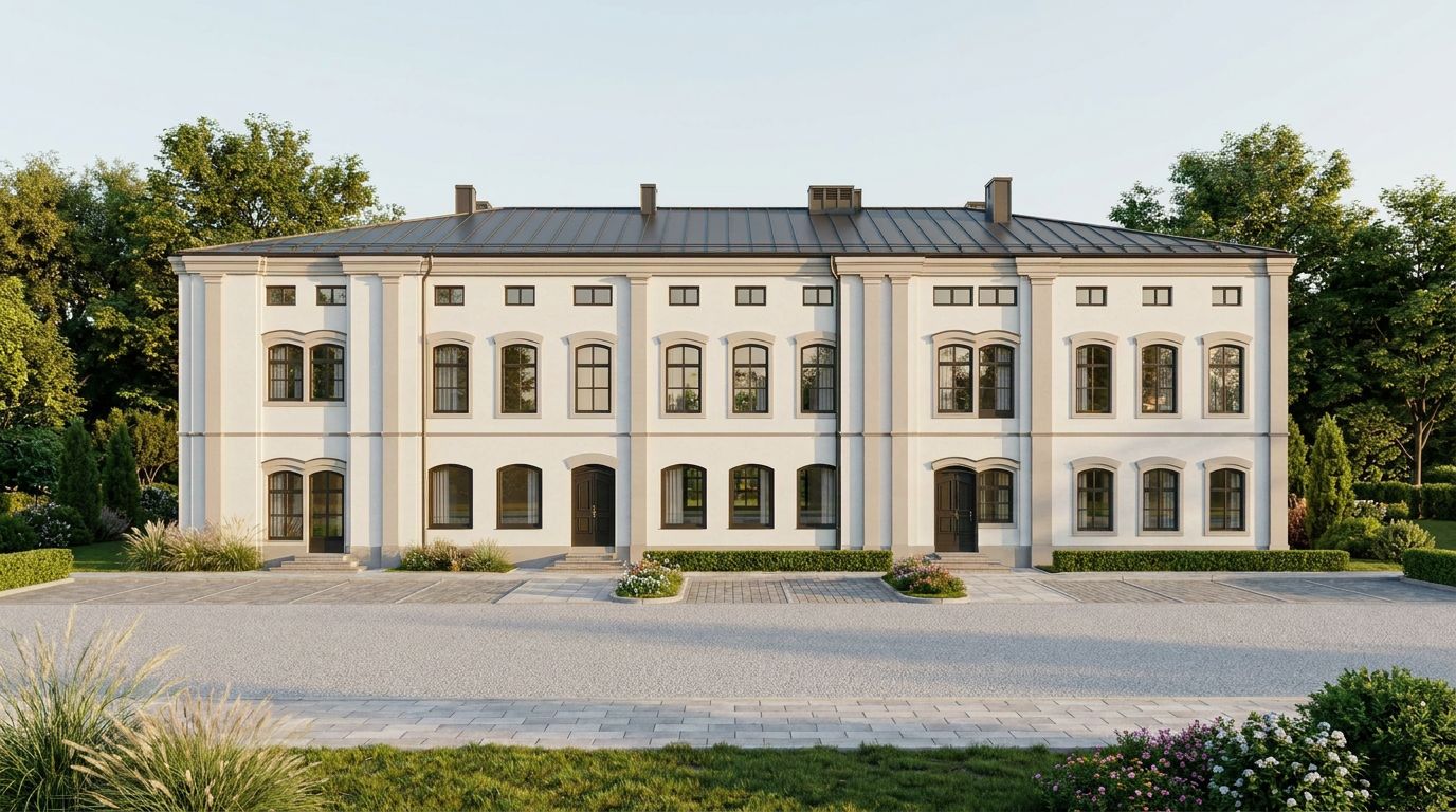 Frontowa wizualizacja architektoniczna planowanej renowacji Młyńskiej 38.
